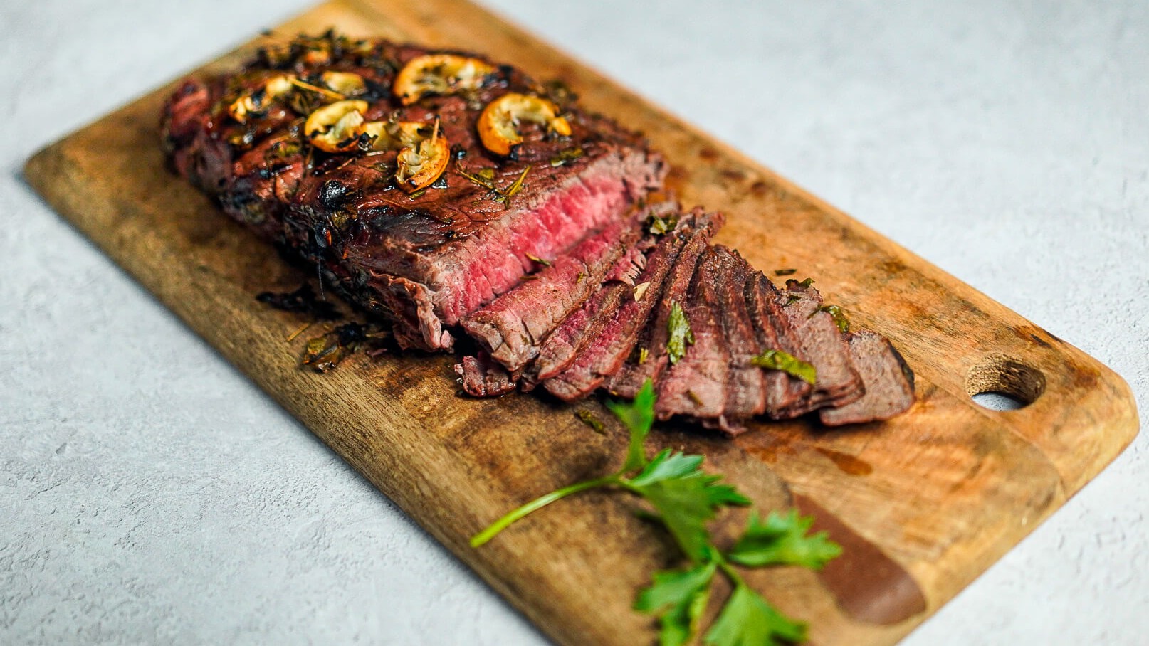 Grassfed London Broil marinated cooked cut