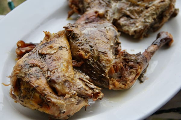 Guinea hen confit cooked in lard tender