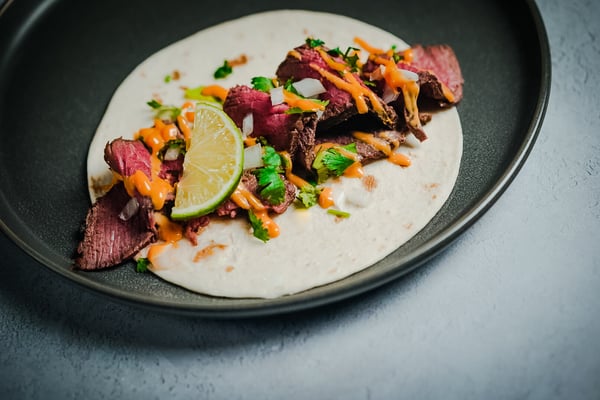 London Broil marinated grassfed beef taco