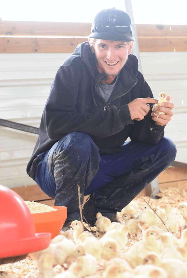 Tre Cates inspects a baby chick at White Oak Pastures