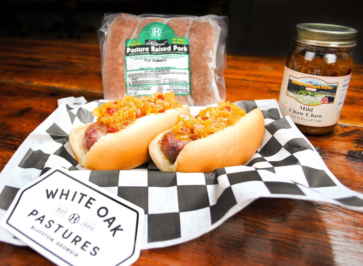 Hillside Orchard Farms Mild Chow Chow is the perfect topping for White Oak Pastures Pork Bratwursts
