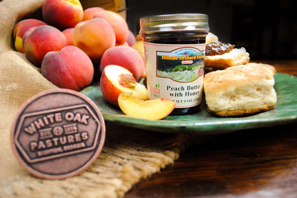 Hillside Orchard Farms Peach Butter With Honey and biscuits from White Oak Pastures Food Truck