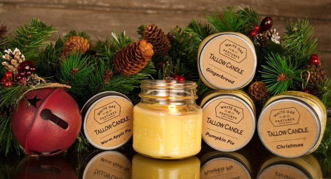 White Oak Pastures Holiday tallow candles are available in our General Store