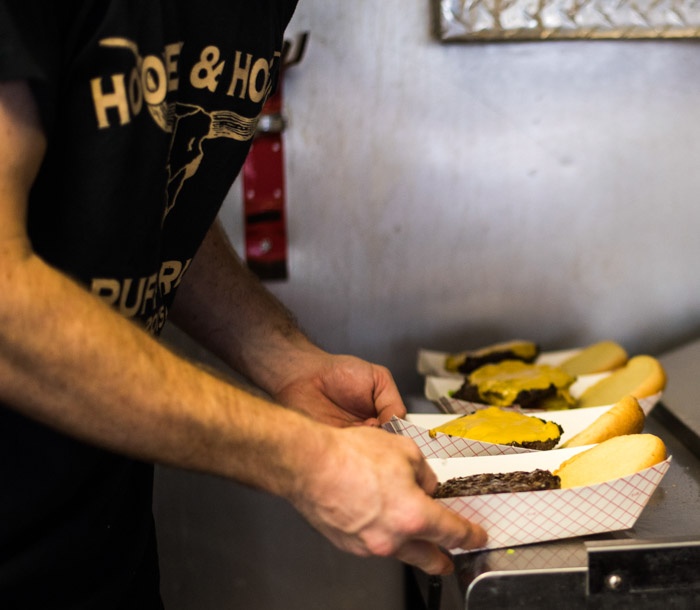 cheese burgers fresh off the food truck grill using grassfed ground beef