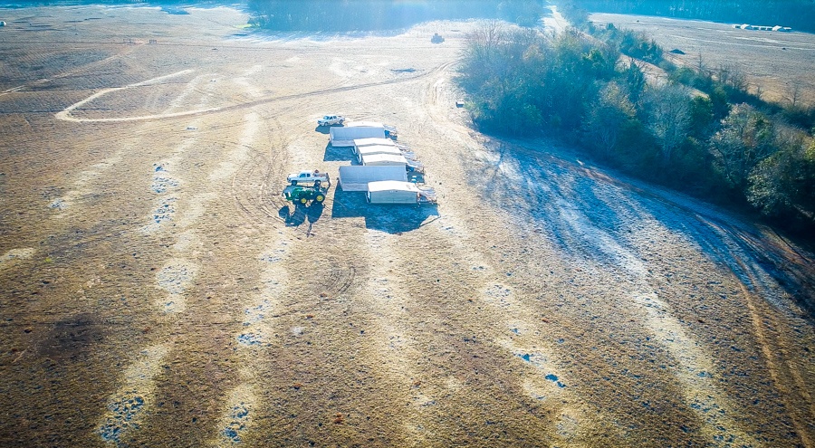 drone image of residual hay lines and poultry sets