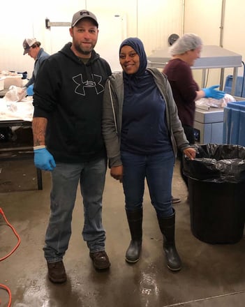 Jake Jacobs with White Oak Pastures Poultry Manager Lisa Brown