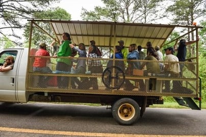 Farm tour wagon at White Oak Pastures